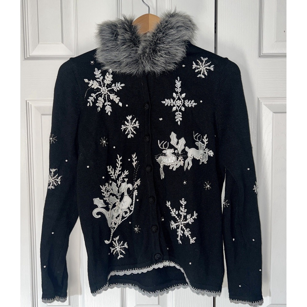 Kikit Maurice Sasson Black Embroidered Beaded Small Button Fur Sweater Christmas